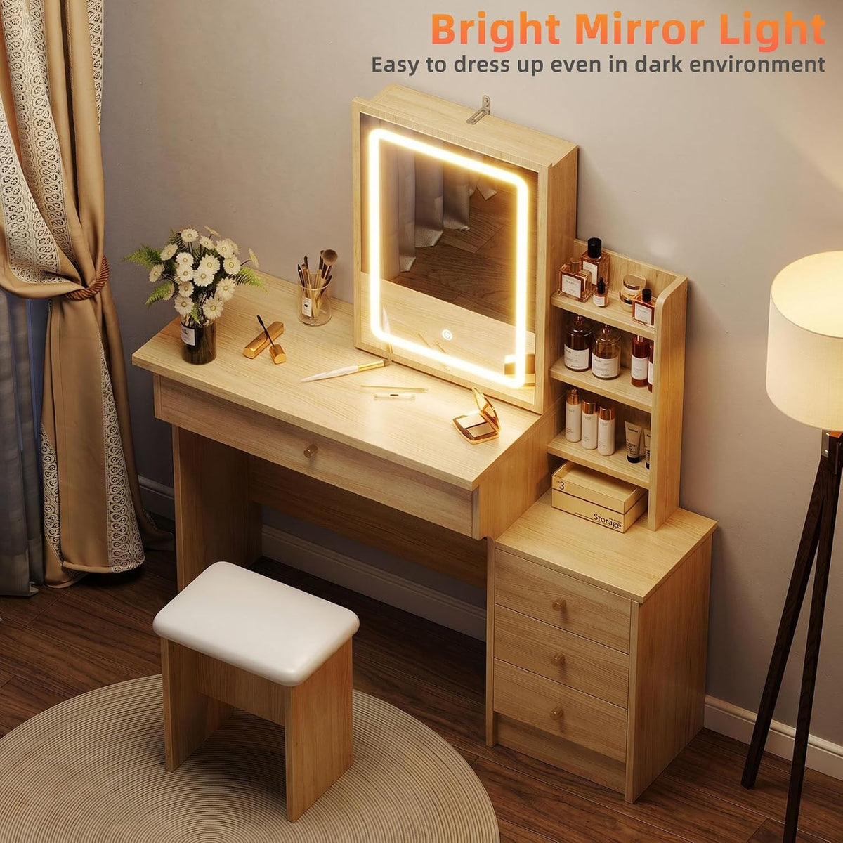 Memobarco Wood Makeup Vanity Desk with Sliding Mirror & 4 Drawers