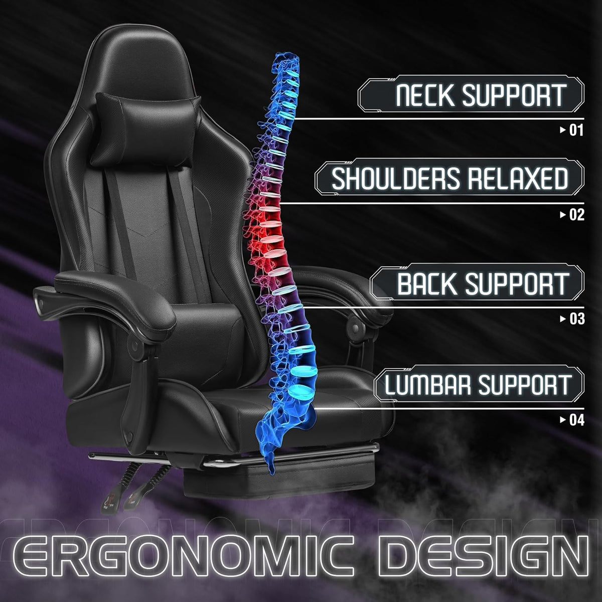 Homall Gaming Chair, Ergonomic, Footrest & Massage Lumbar Support, Black