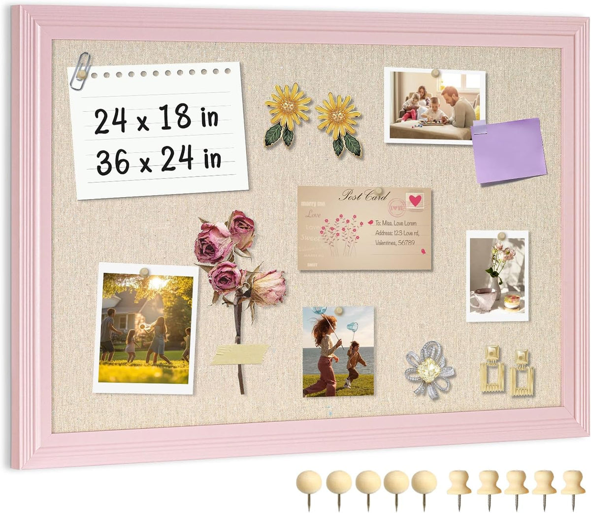 Large Pink Wood Framed Cork Board with Linen, 24" x 18"