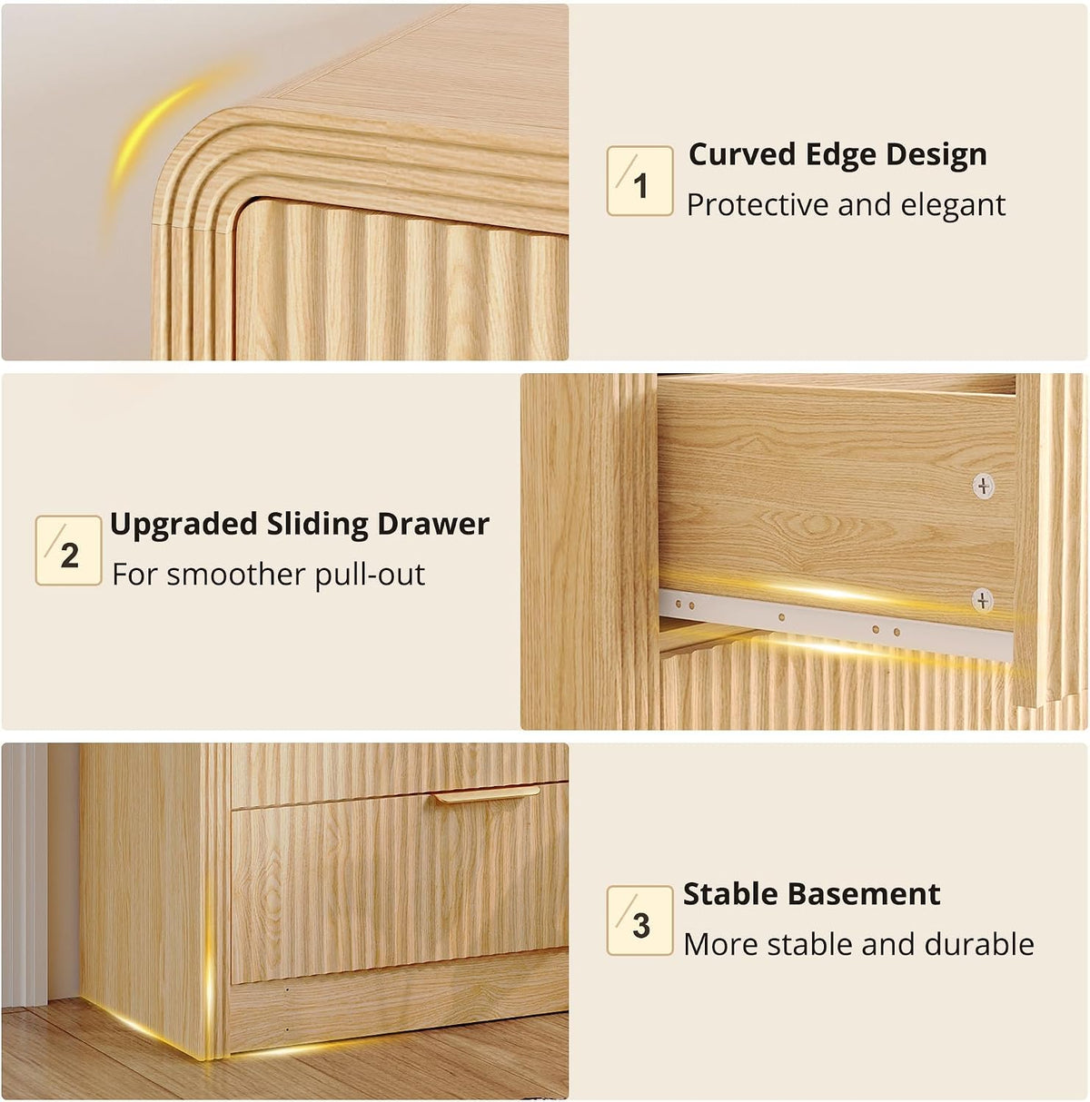 Decofy Fluted Wood Dresser 5 Drawers 48" Tall Curved Modern Chest Organizer