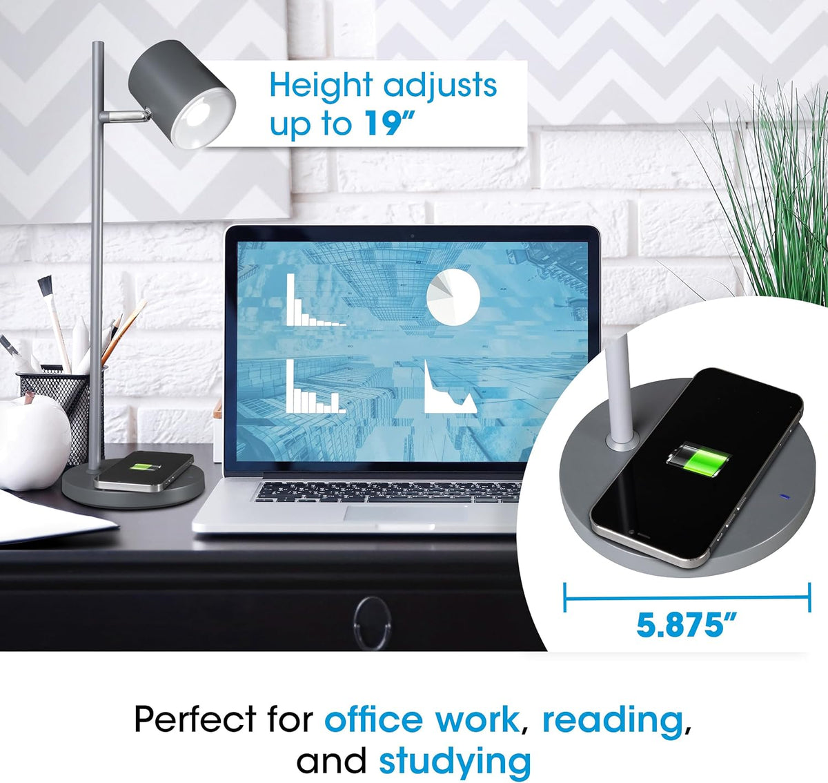 OttLite Good Housekeeping Modern LED Desk Lamp, Wireless Charging, Grey