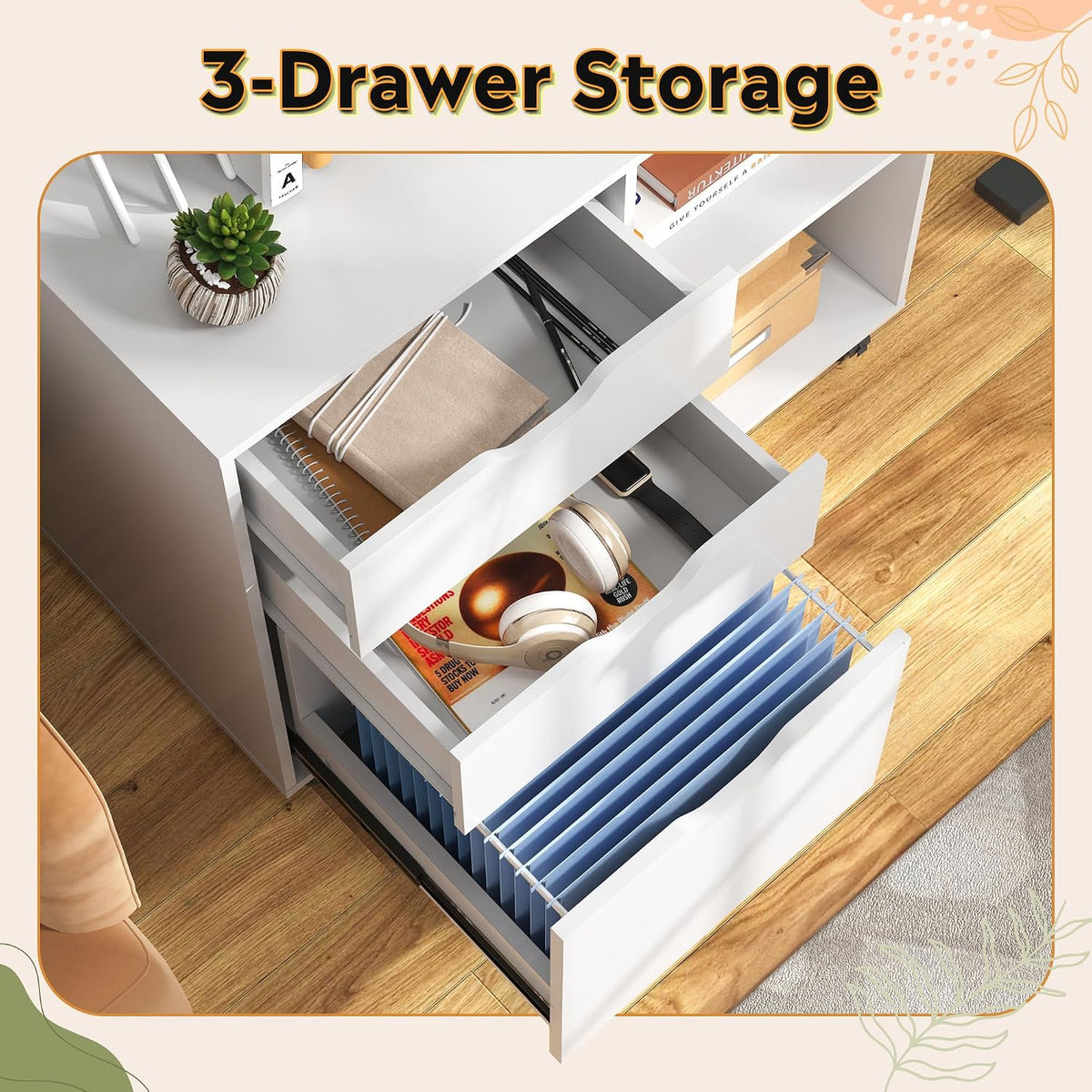 DEVAISE 3 Drawer File Cabinet, Lateral Filing Cabinet White
