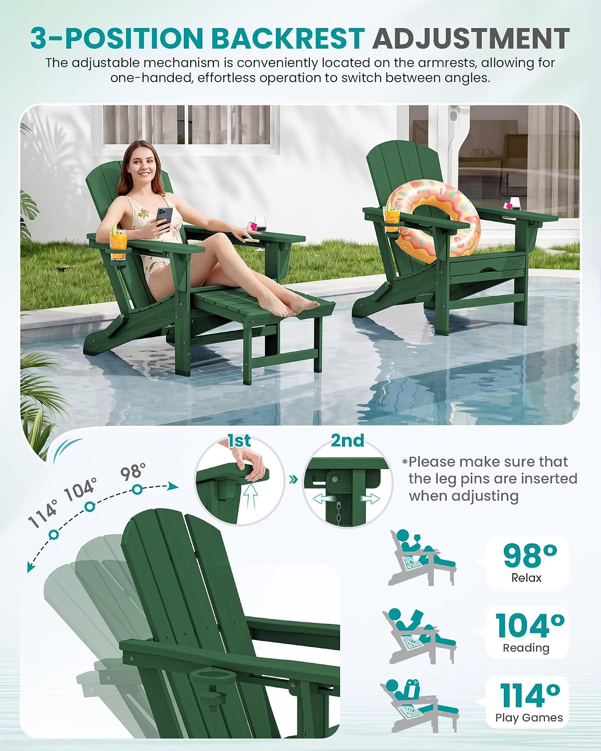 SERWALL HDPE Folding Adjustable Adirondack Chair with Footrest, Green