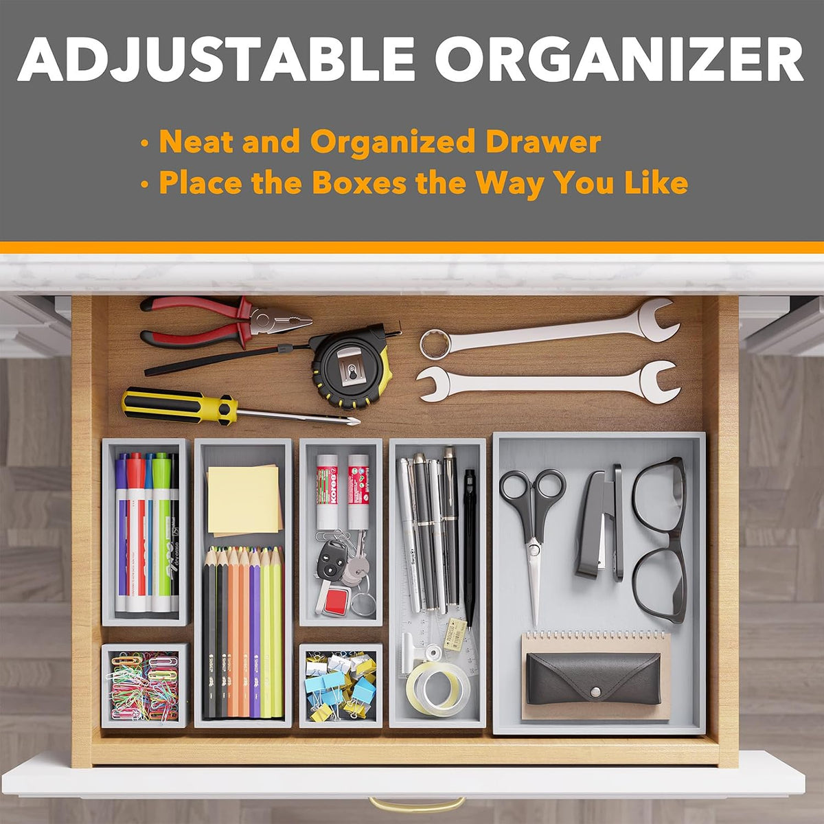 SpaceAid 7-Piece Bamboo Drawer Organizer Storage Boxes Set, Wood Tray Junk Dr...