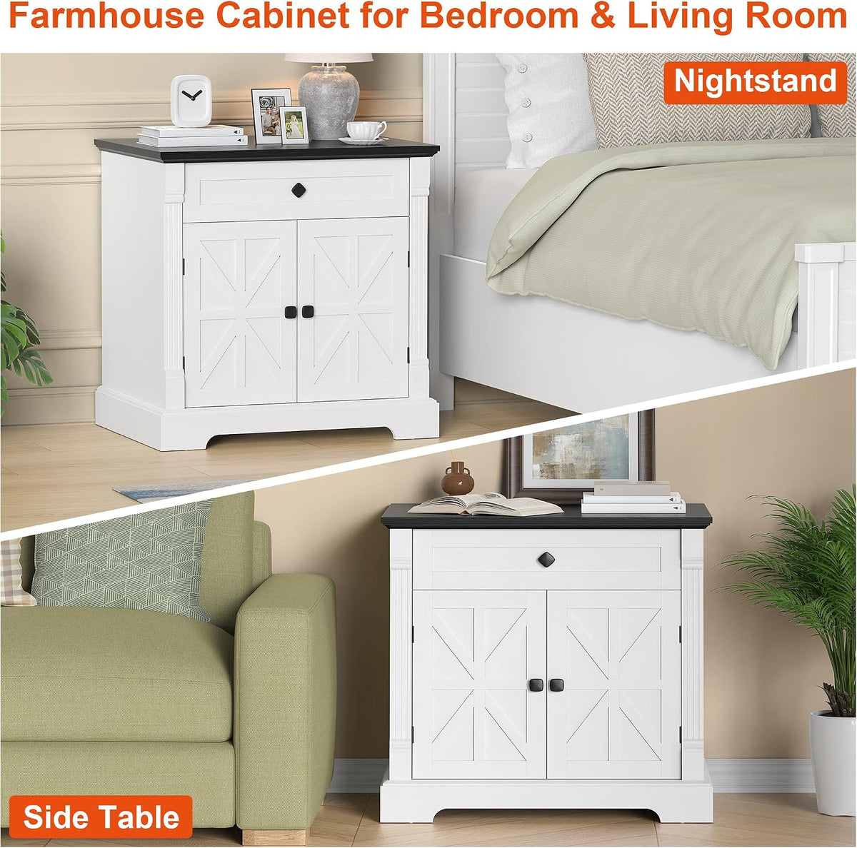 Bigbiglife Farmhouse Printer Stand, 29.9" Wide, Black Top & White Fi...