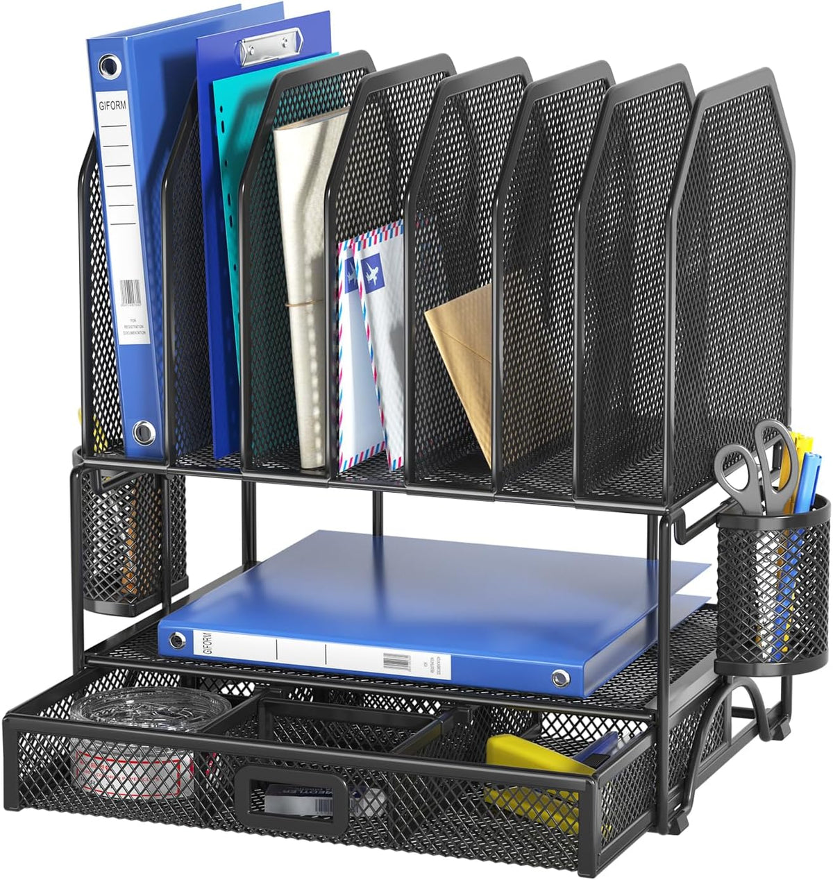 FANXIYQ Metal Desk Organizer with Sliding Drawer, 7-Section File Organizer fo...