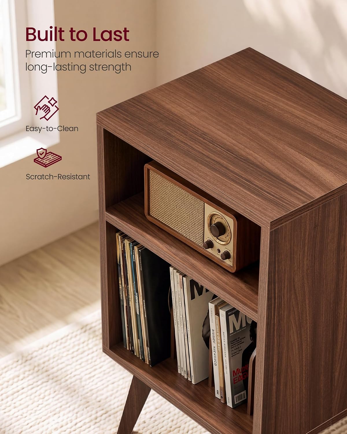 VASAGLE End Table, Mid-Century Record Player Stand, Holds 160 Albums