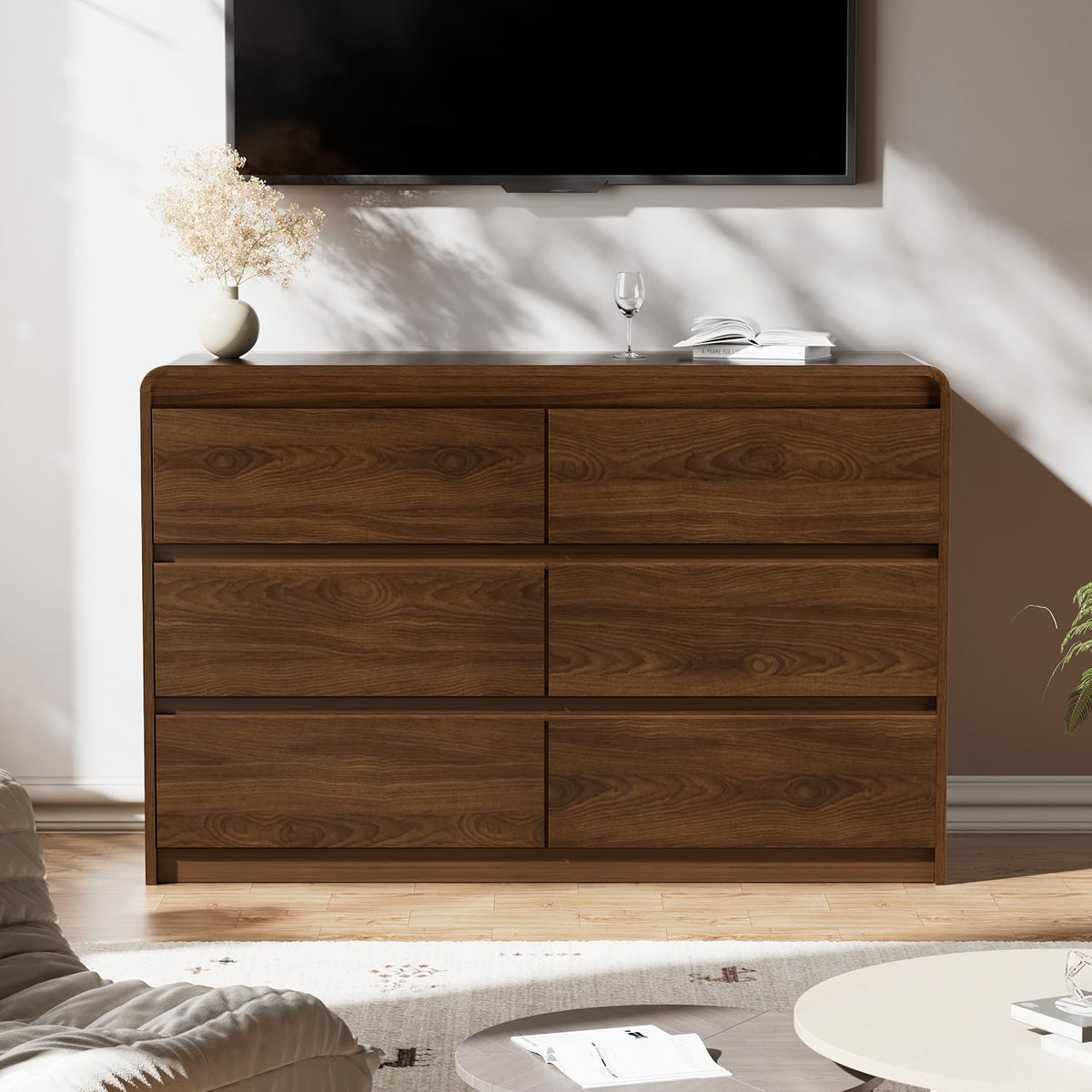 6 Drawer Dresser, 47" Wide Walnut Dresser Wooden Dresser for Bedroom