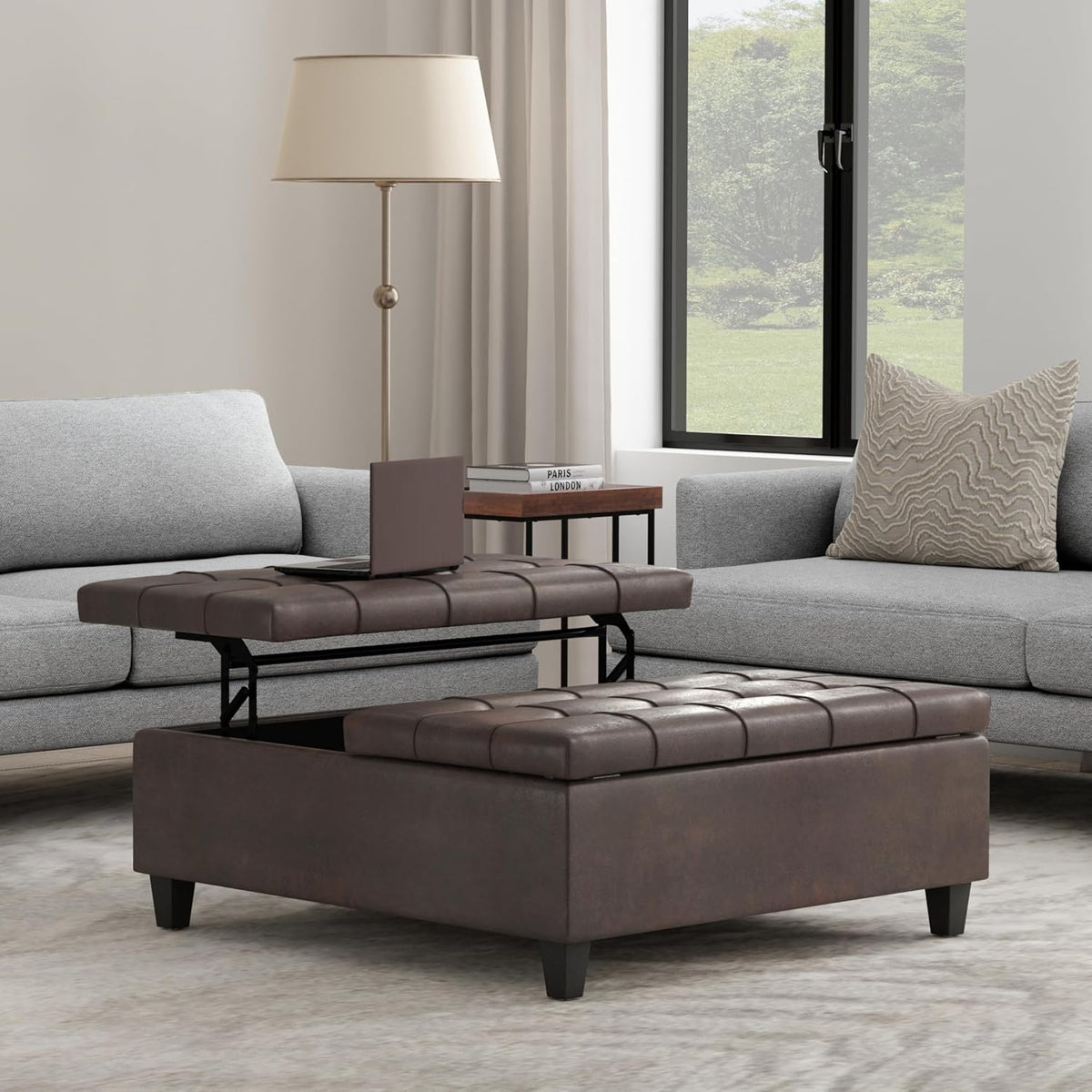 SIMPLIHOME Harrison 40" Wide Vegan Leather Ottoman in Distressed Brown