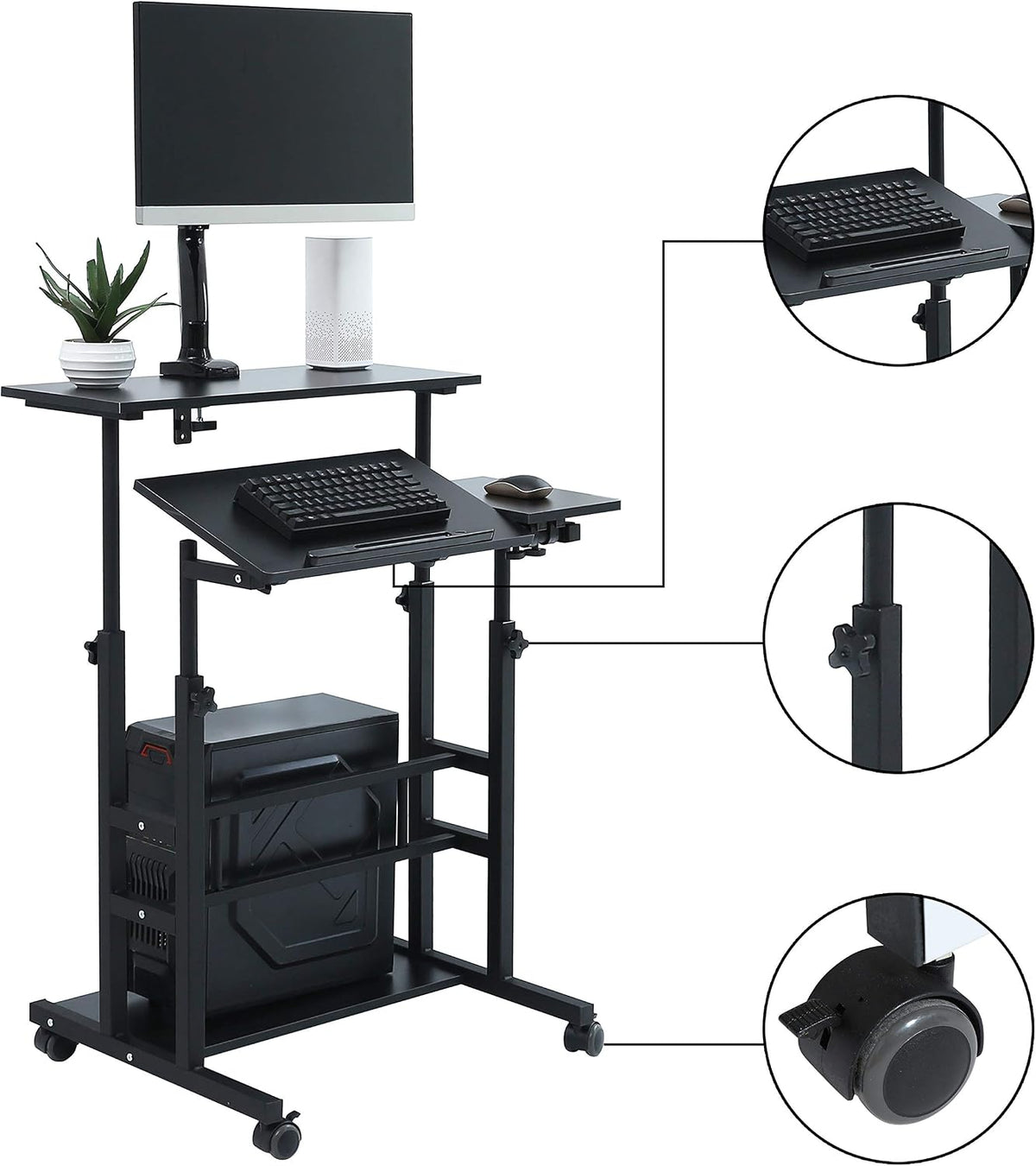 Small Standing Desk on Wheels, Height Adjustable Rolling Desk with Storage