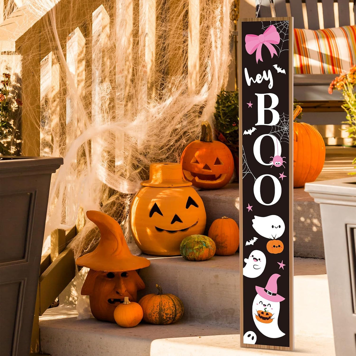 Pink Halloween Porch Sign Boo Ghost with Bow Halloween Outdoor Decor, 47"