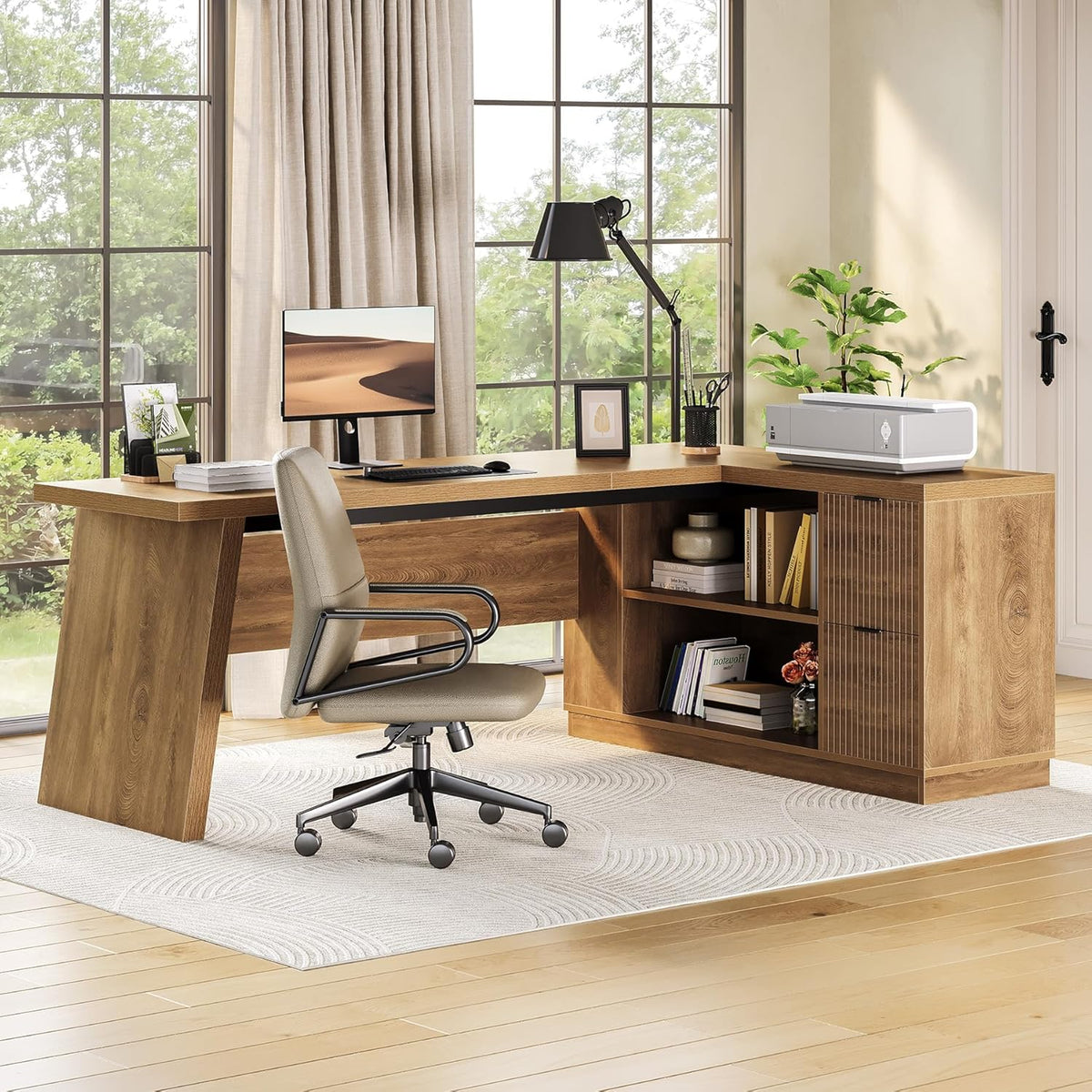 LITTLE TREE 78-Inch L-Shaped Executive Desk, Modern Desk with Drawers & F...