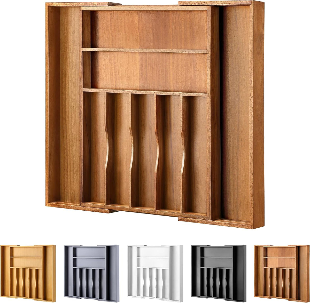 Large Premium Acacia Silverware Organizer - Expandable Drawer Organizer &...
