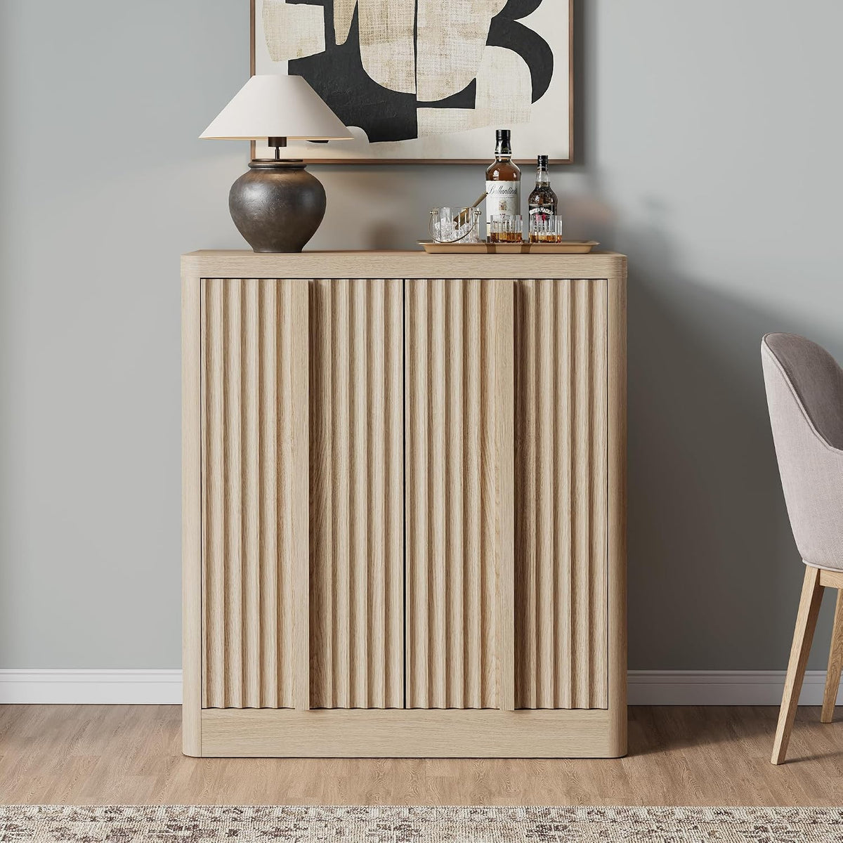 31" Fluted Sideboard Buffet Cabinet with Solid Wood Handles, Natural(1PC)