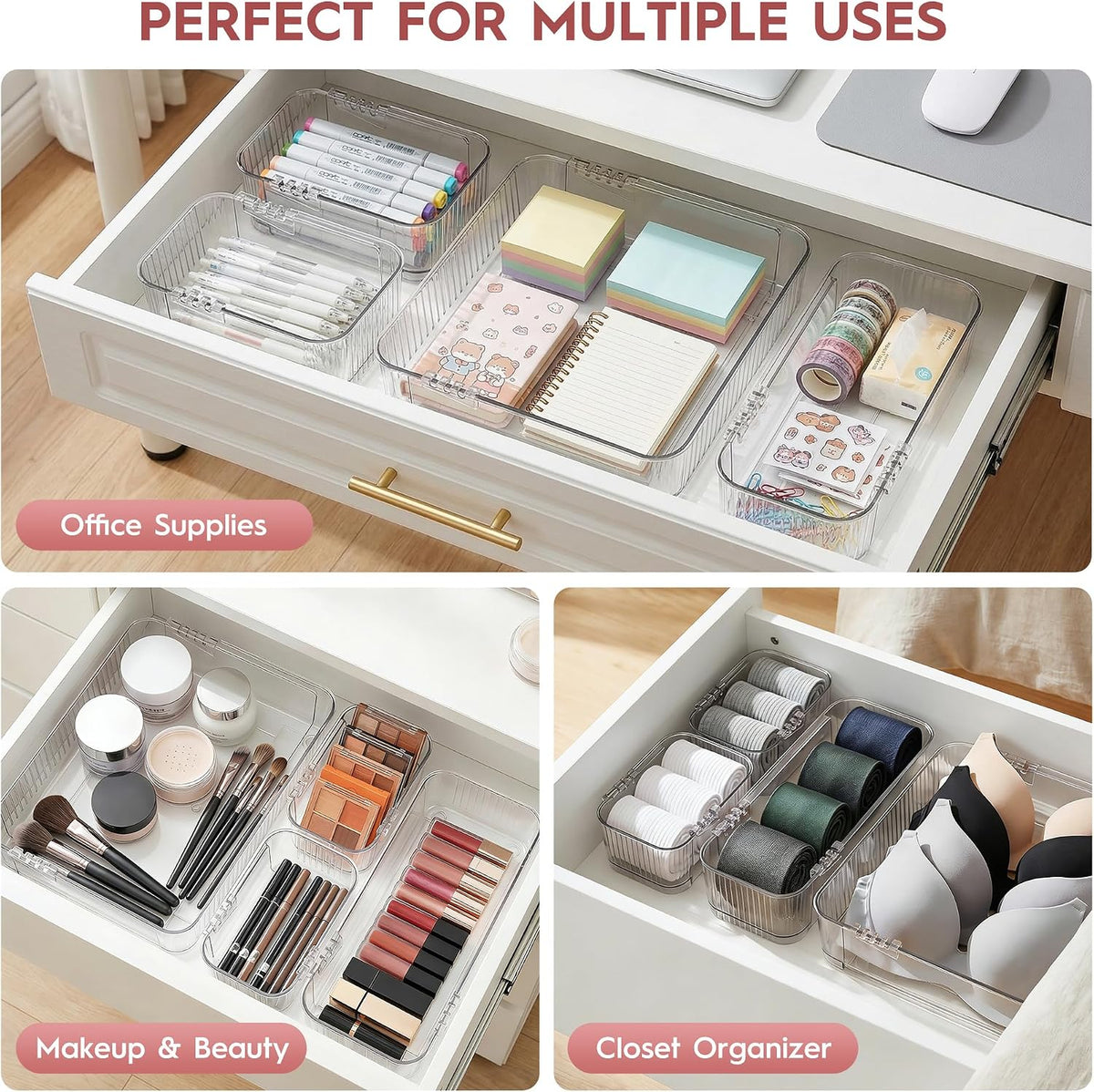 4-Piece Expandable Drawer Organizer Set, Clear Adjustable Drawer Organizer Tr...
