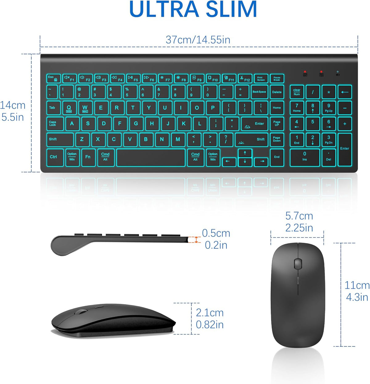 Wireless Backlit Keyboard and Mouse Ultra Slim Combo, TopMate - Matte Black