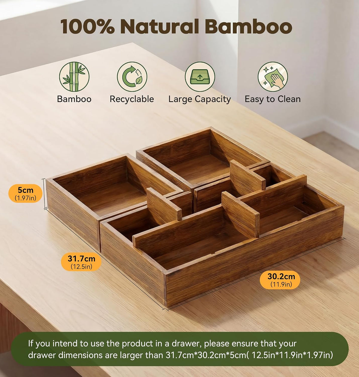 KOCWELL Bamboo Desk Drawer Organizer with Removable Dividers,Multi-Use Office...