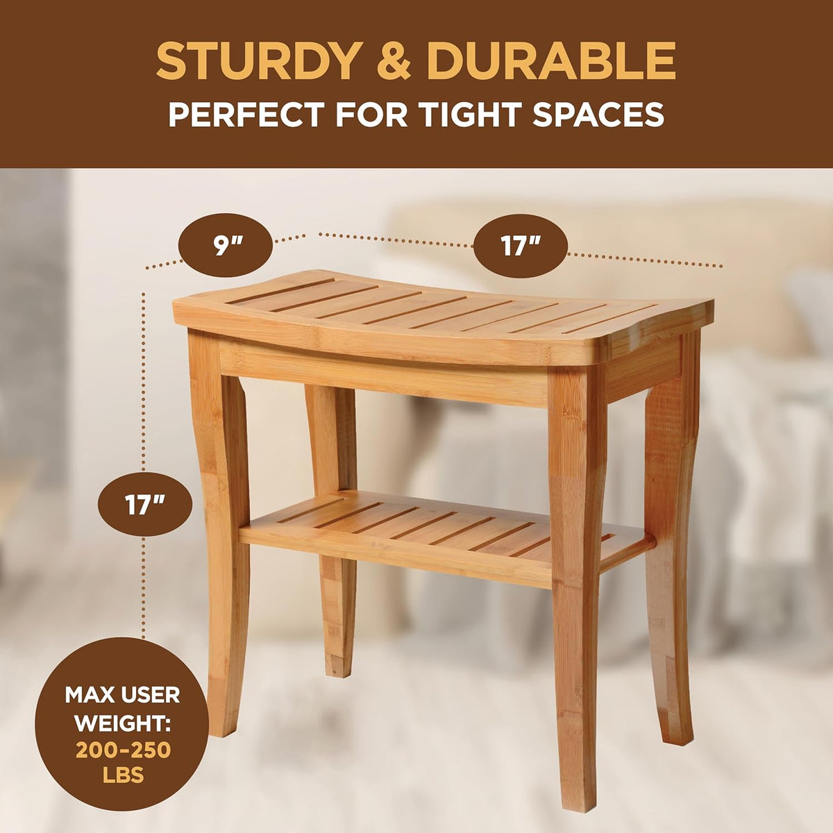 Bamboo Shower Bench, Shower Stool Seat with Storage Shelf, Non Slip Feet
