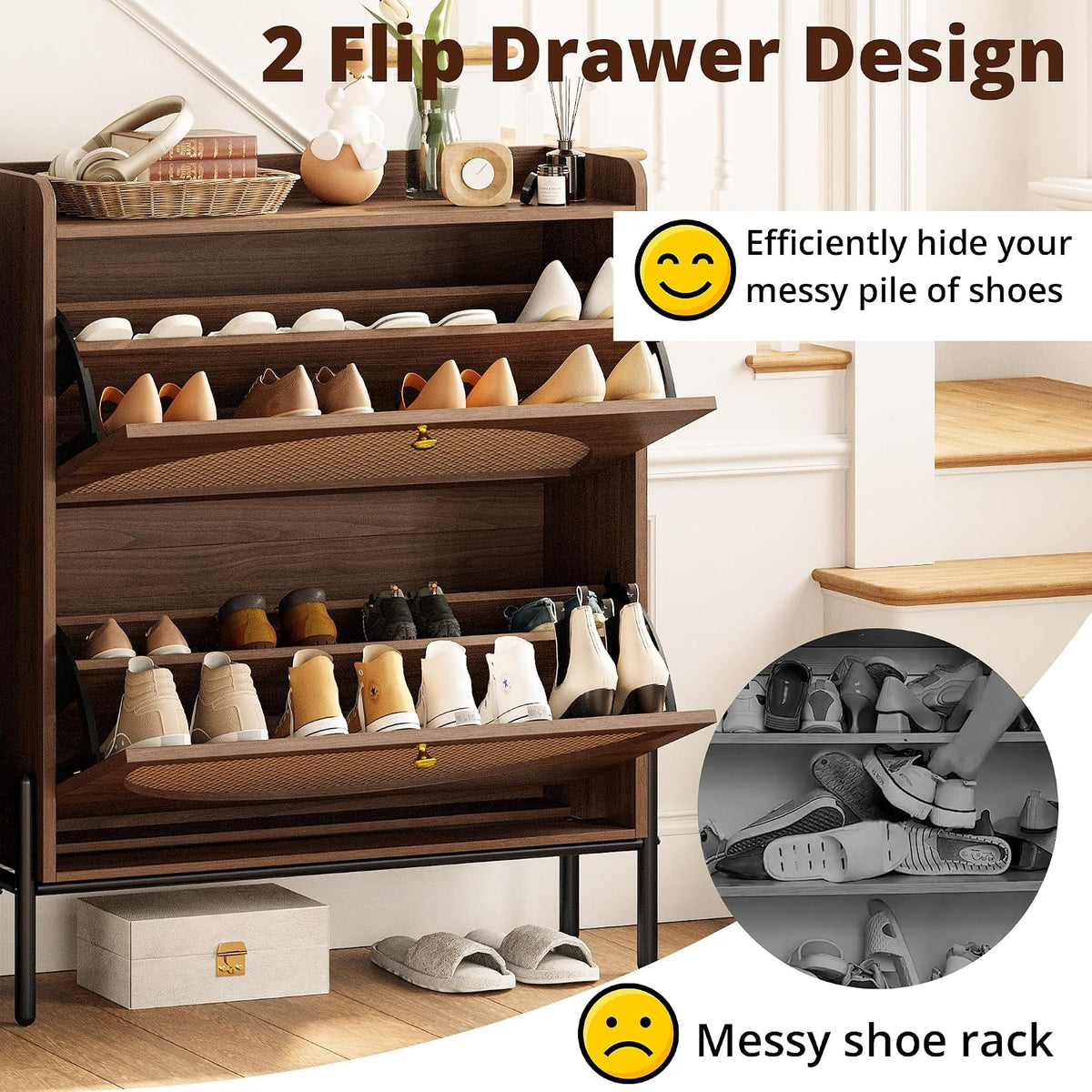 IRONCK Rattan Shoe Cabinet Storage with 2 Flip Drawers, Walnut