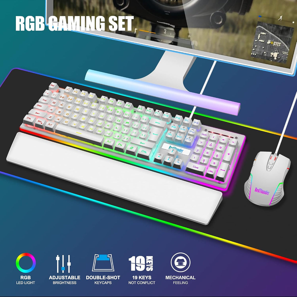 RedThunder K10 Wired Gaming Keyboard and Mouse and Wrist Rest Combo, RGB Back...