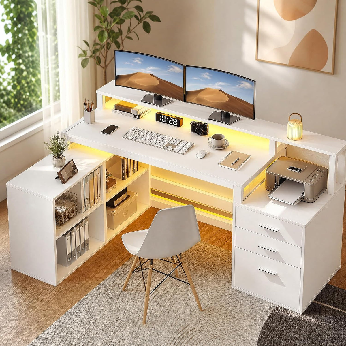DWVO 79" Grey U-Shaped Computer Desk with Drawers & Charging Station