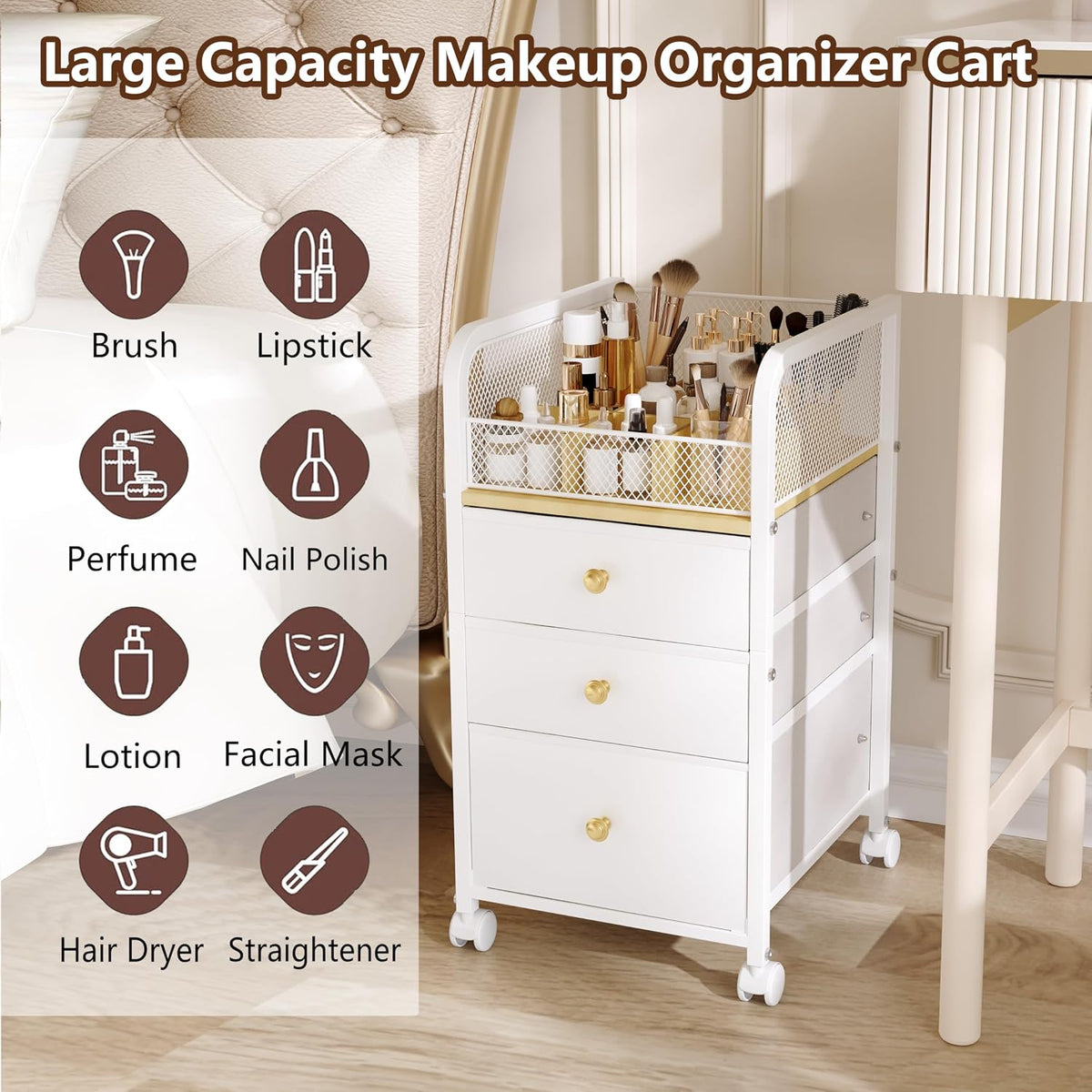 Rolling Makeup Organizer Cart with Drawers Under Desk Storage for Vanity