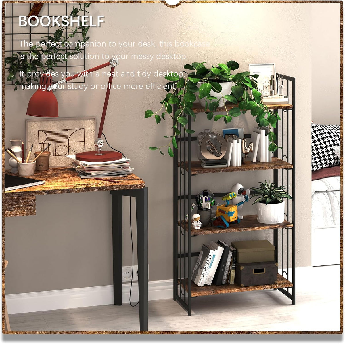 4NM No Assembly 4 Tiers Folding Bookshelf, 47.2" H Foldable Storage Shel...