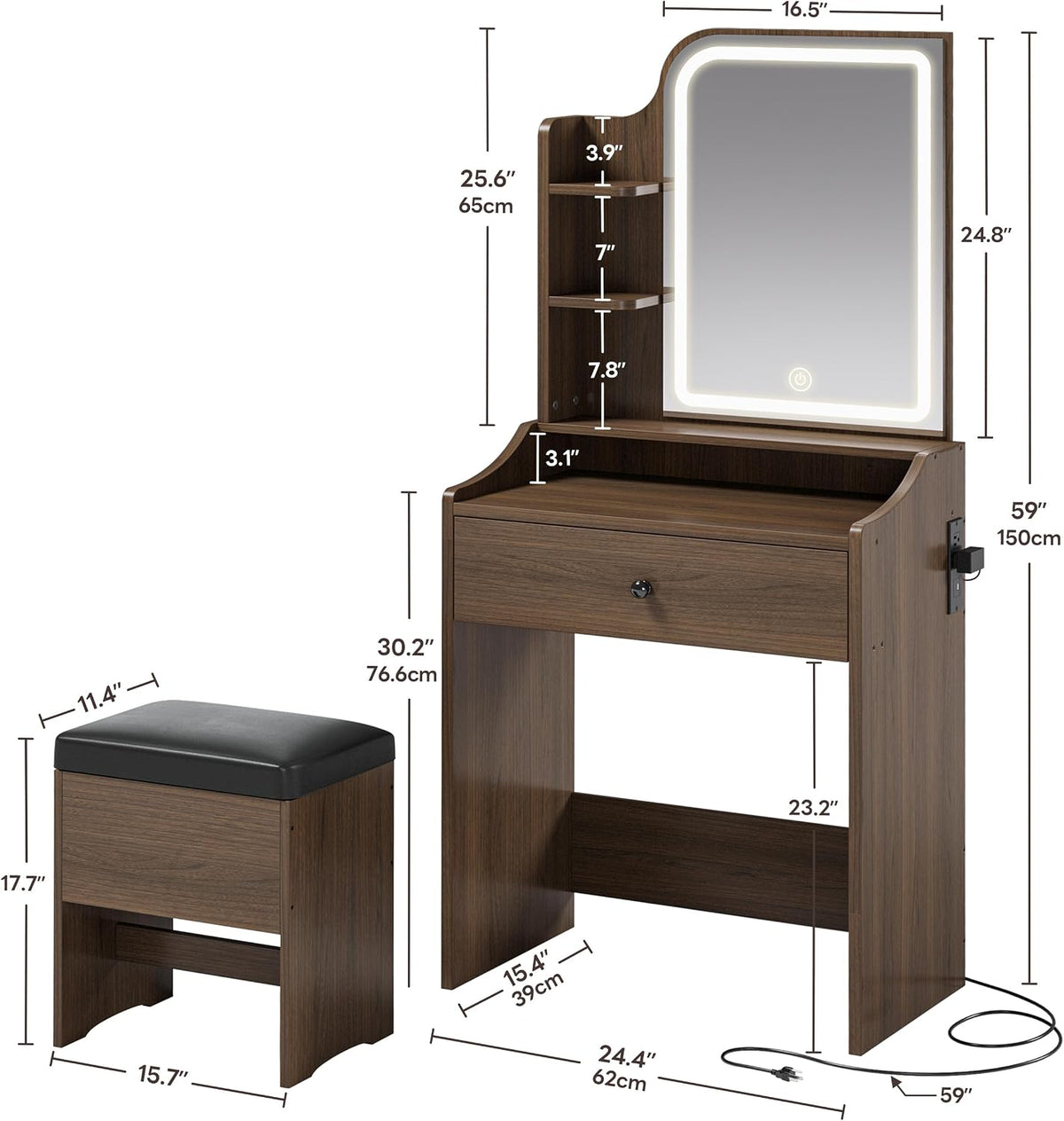 LIKIMIO Small Vanity Desk with Mirror Lights and Storage Stool