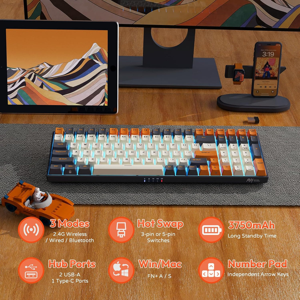 RK ROYAL KLUDGE RK100 Wireless Mechanical Keyboard RGB Backlit Bluetooth5.1/2...