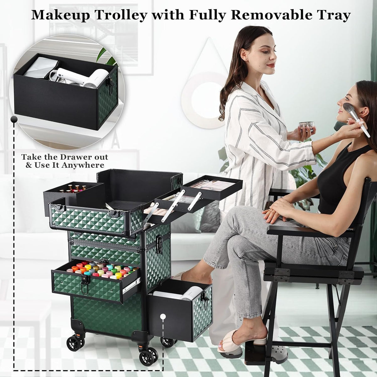 Joligrace Rolling Makeup Case with Drawers - Tattoo Storage Organizer Travel ...