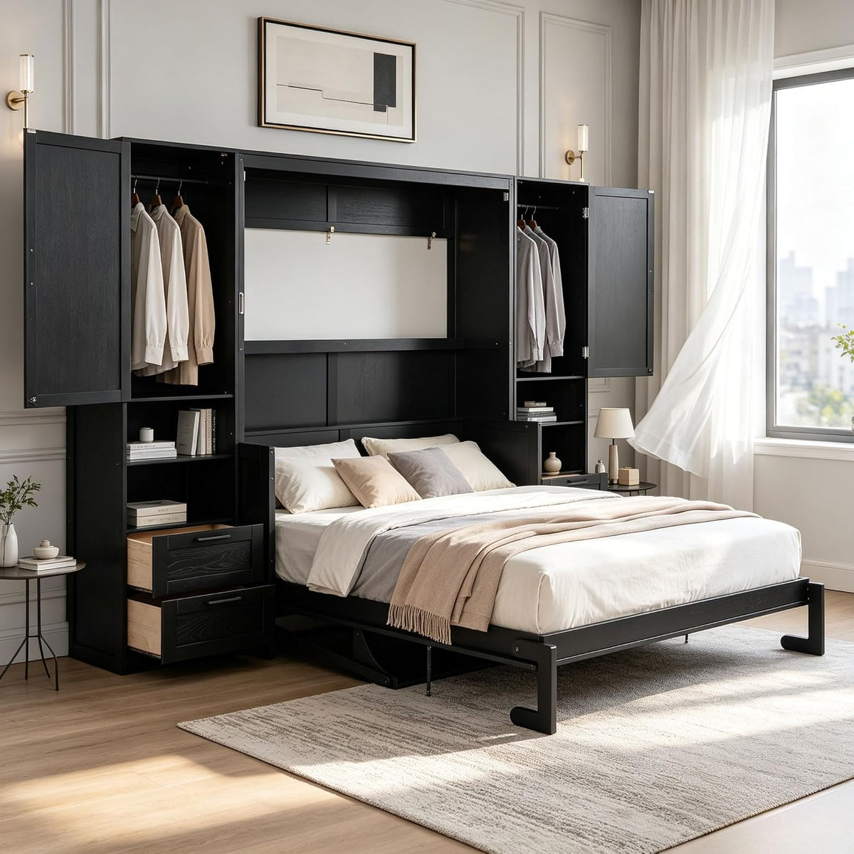 Queen Murphy Bed Cabinet with Desk & Storage, Wall Bed Cabinet Bed with C...