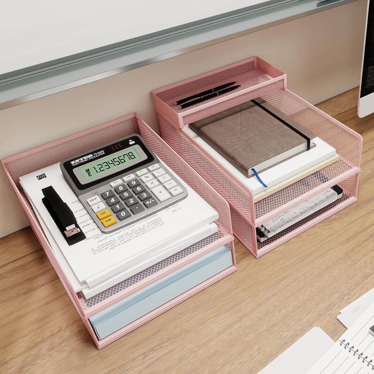 Natwind 4-Tier Stackable Metal Mesh Letter Paper Tray Organizer,Pink
