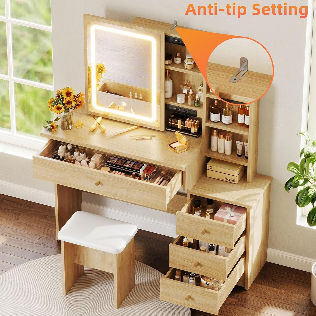 Memobarco Wood Makeup Vanity Desk with Sliding Mirror & 4 Drawers