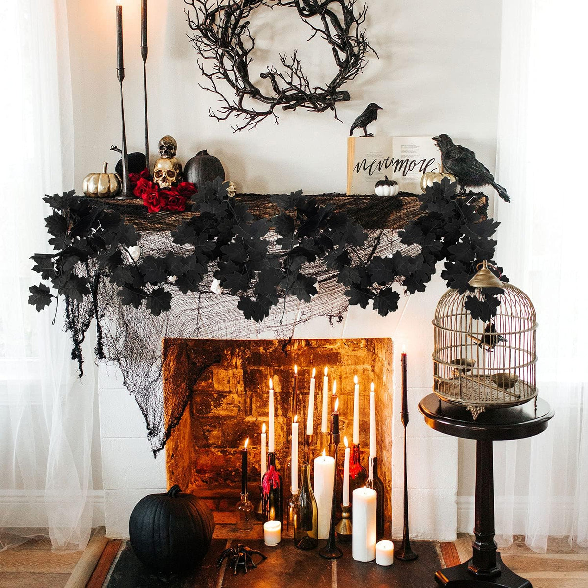Black Leaf Garland, 12PCS Halloween Artificial Hanging Fall Maple Vines