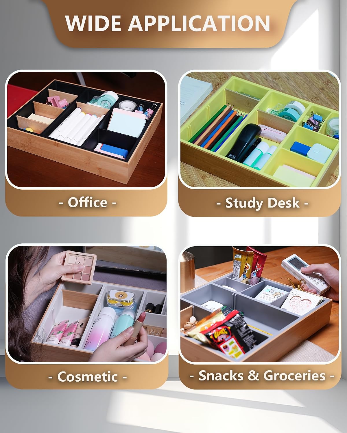 Office Drawer Organizer, Bamboo Desk Drawer Organizer with 4 Removable Divide...