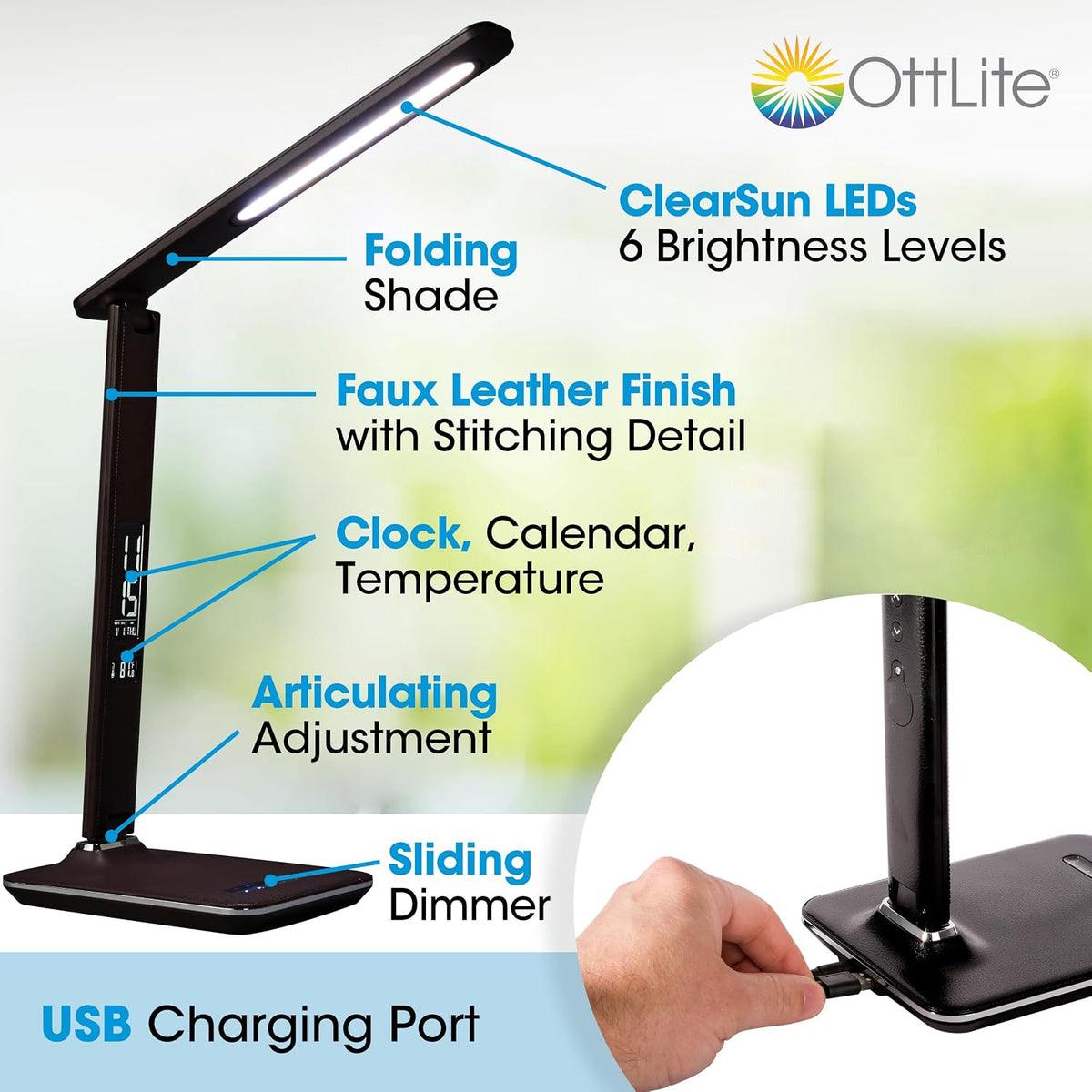 OttLite Renew LED Desk Lamp with USB Charging Port, Black