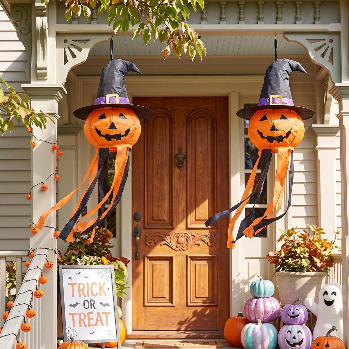 2 Pcs Halloween Pumpkin Windsocks Decoration 40'' Outdoor Ghost Winds...