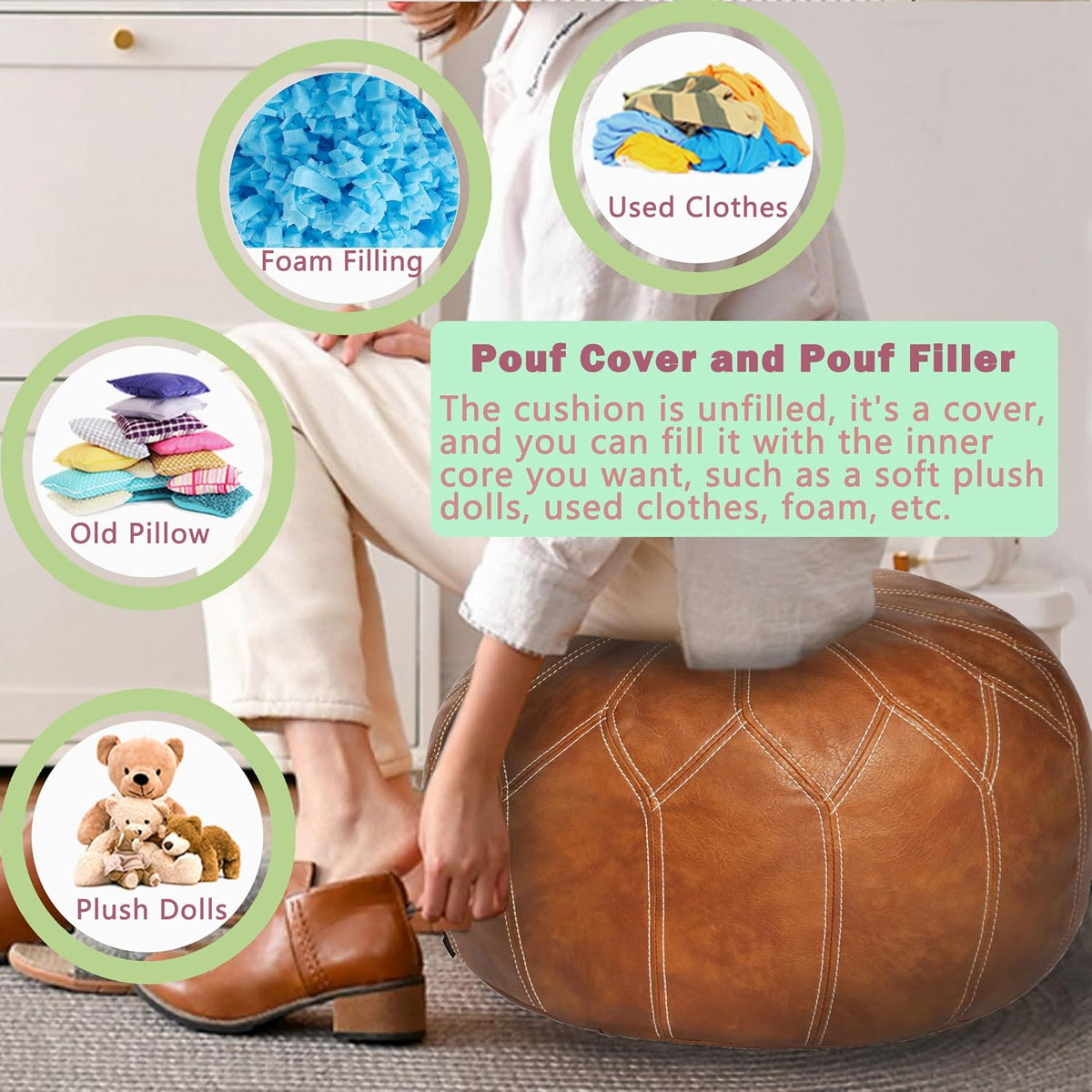 Thgonwid Unstuffed Moroccan Faux Leather Pouf Ottoman Cover with Storage - Bo...