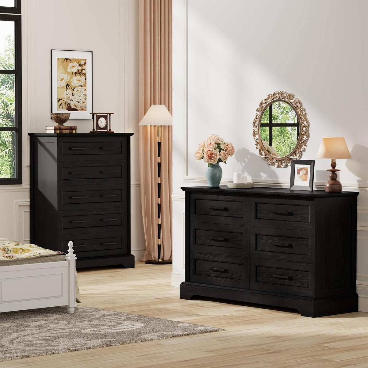 Furmax Farmhouse Dresser for Bedroom, 6 Drawers Dresser, Black