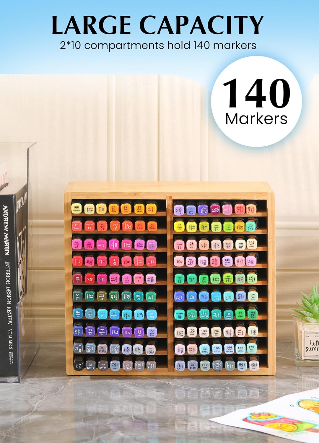 Bamboo Marker Organizer for Desk, Marker Storage Organizer for 140 Markers,Pe...
