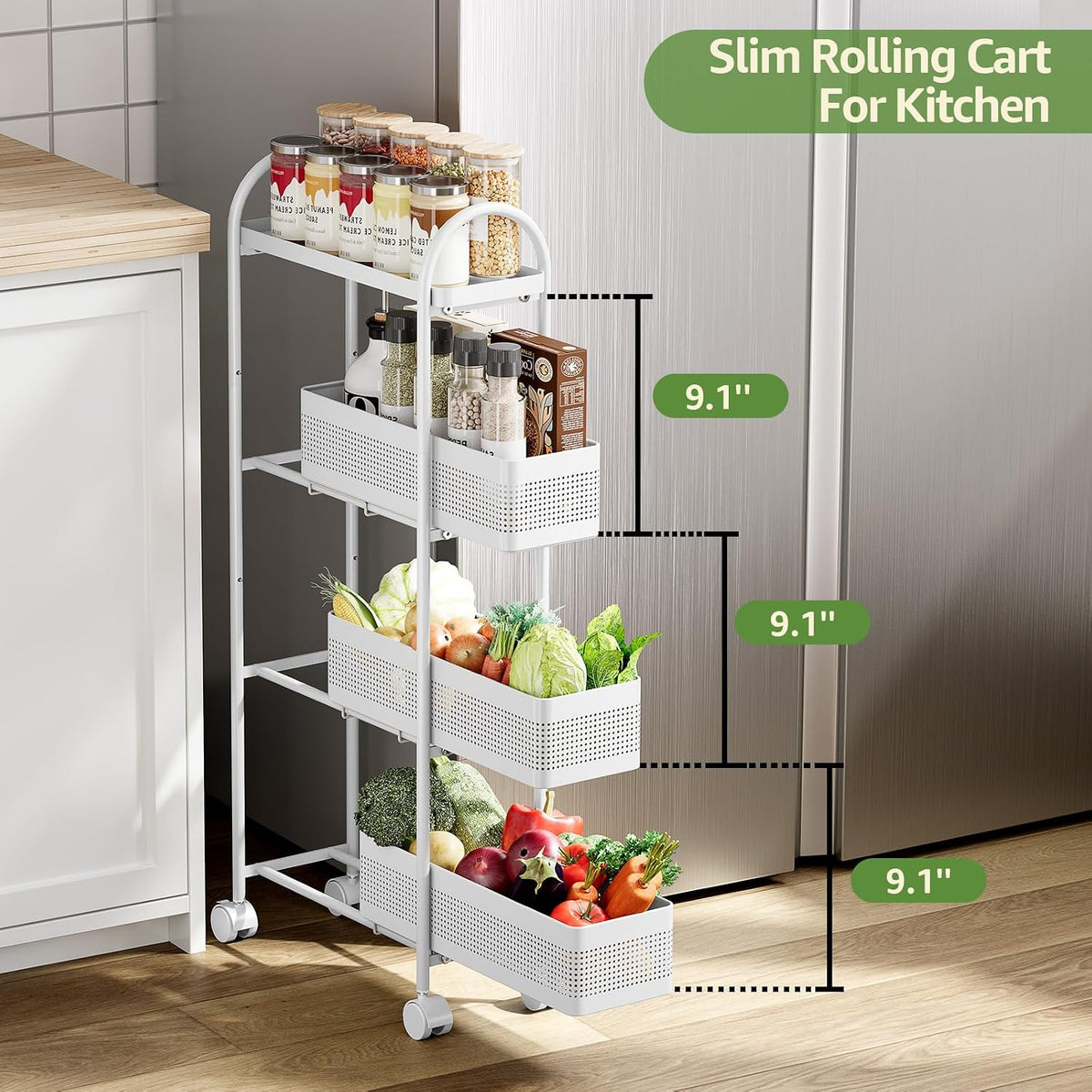 KINGRACK 4 Tier Slim Rolling Cart with Drawer, Metal Utility Storage Cart