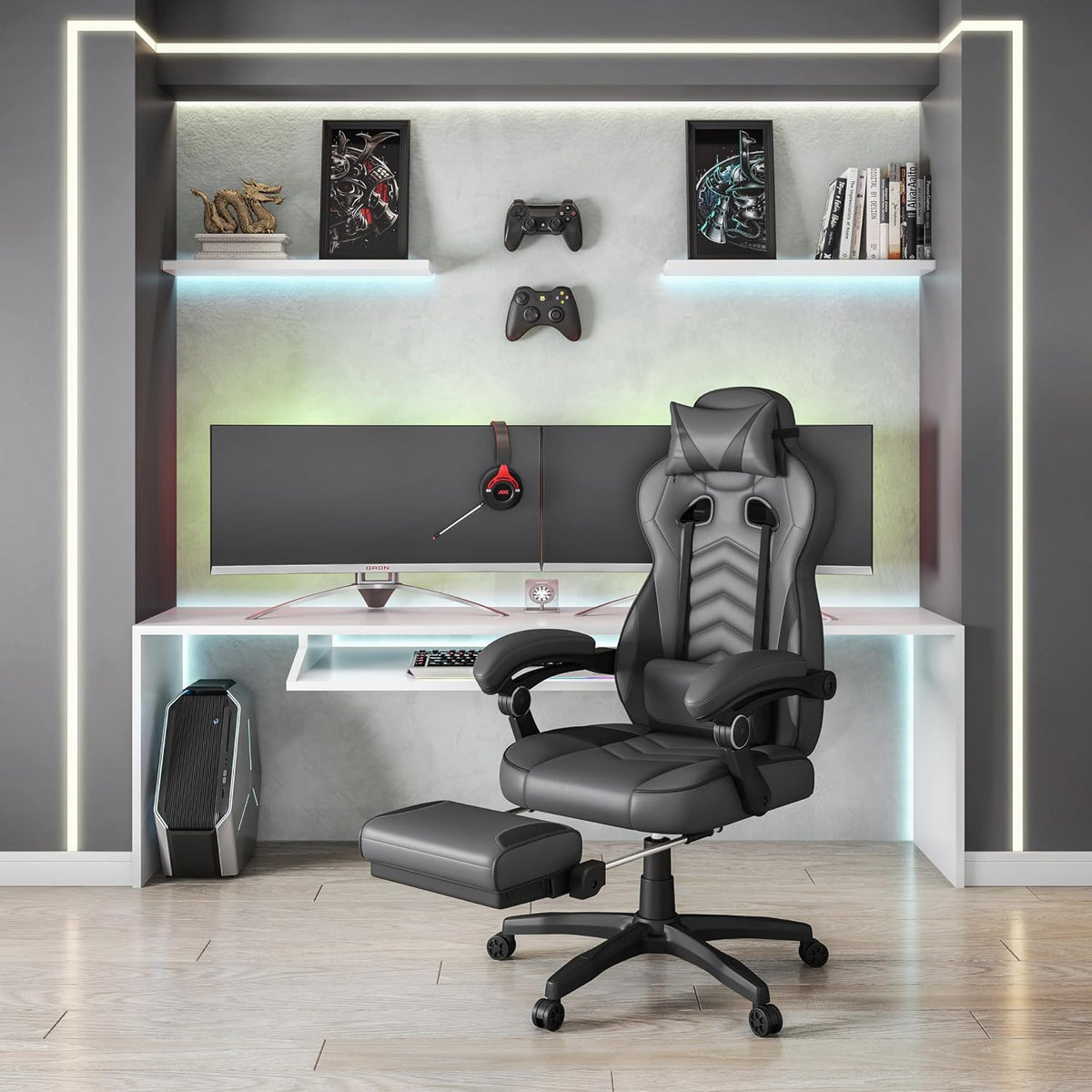 Techni Mobili Executive Gaming Chair with Footrest, 150° Reclining, Grey