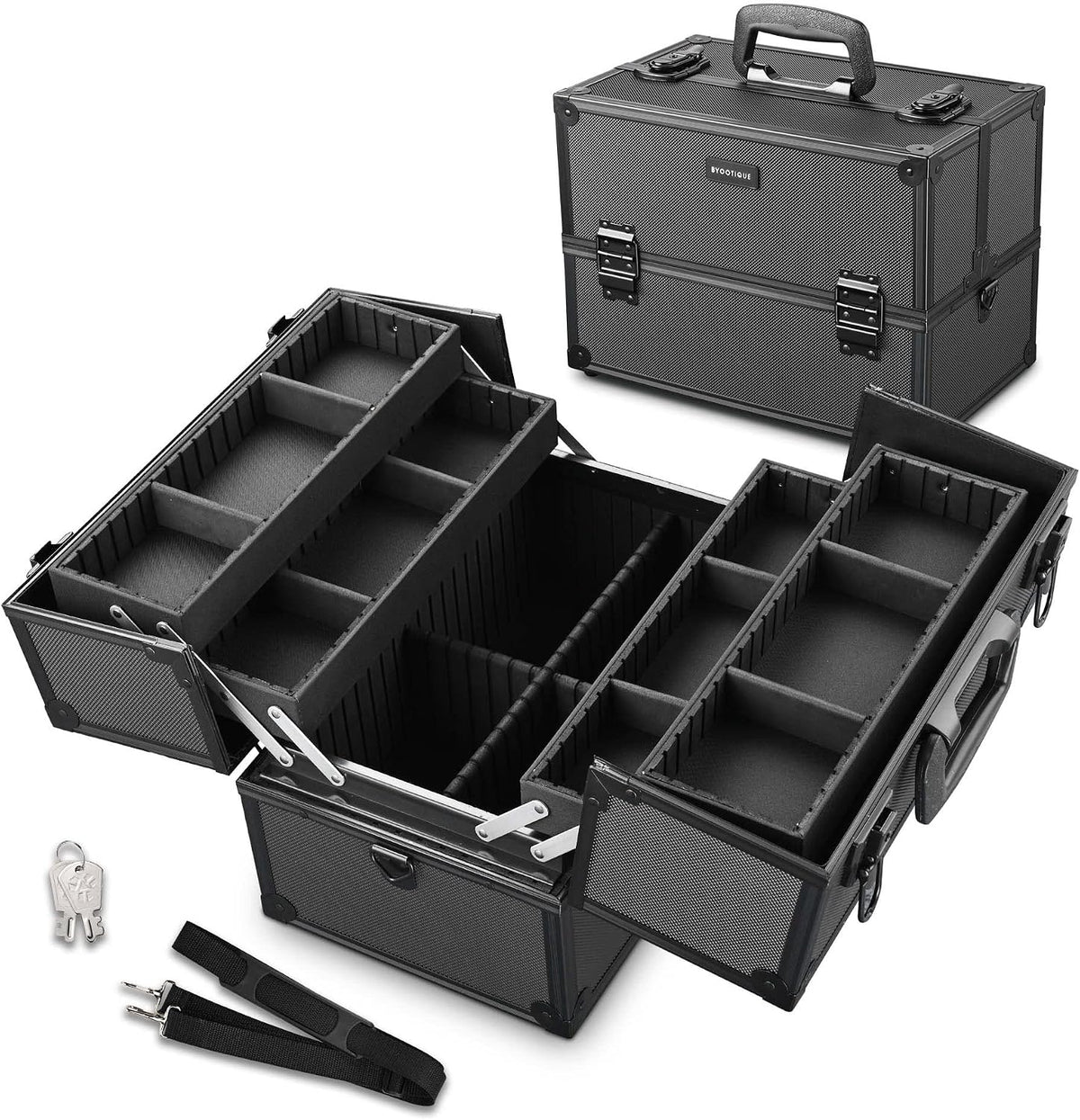 BYOOTIQUE 14'' Makeup Train Case w/Strap 4 Adjustable Trays Storage Box