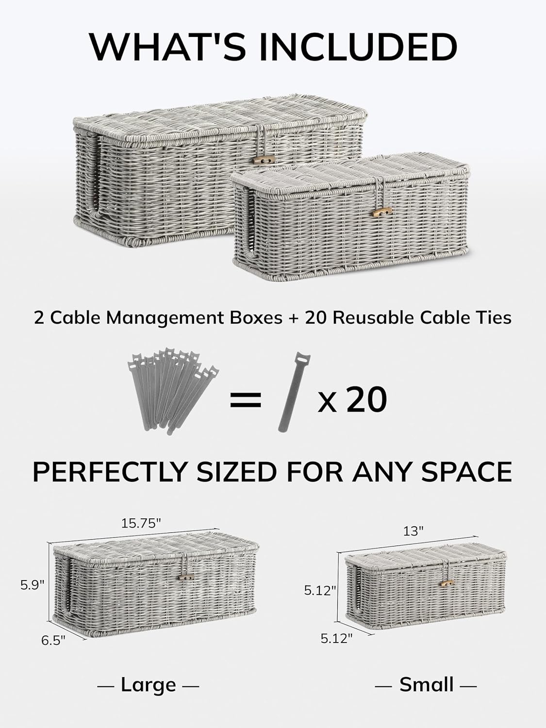 Cable Management Box, Cord Organizer with Lid & Cable Ties - Gray Set