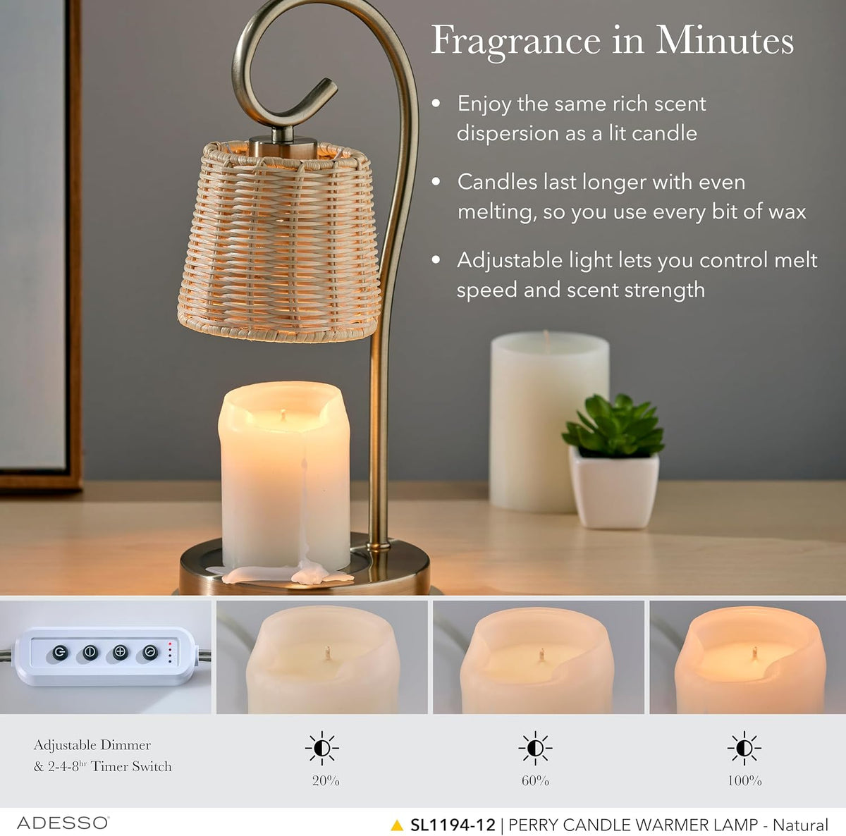 Adesso Candle Warmer Lamp, Antique Brass & Rattan, Dimmable