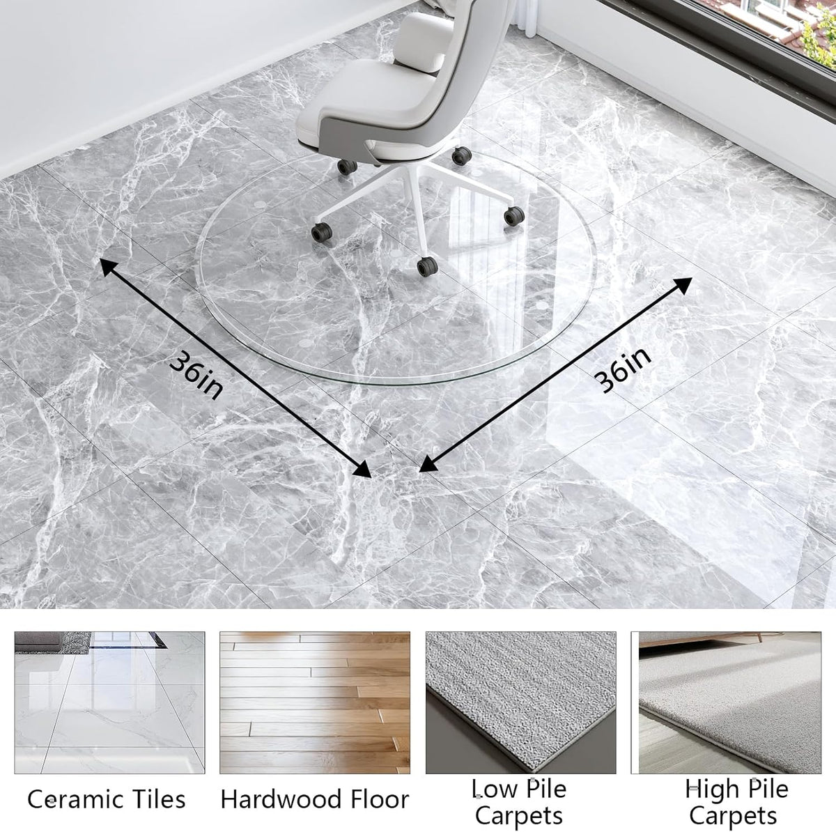 Glass Chair Mat, 36"x36"Round Office Chair Mat, Tempered Glass Clea...