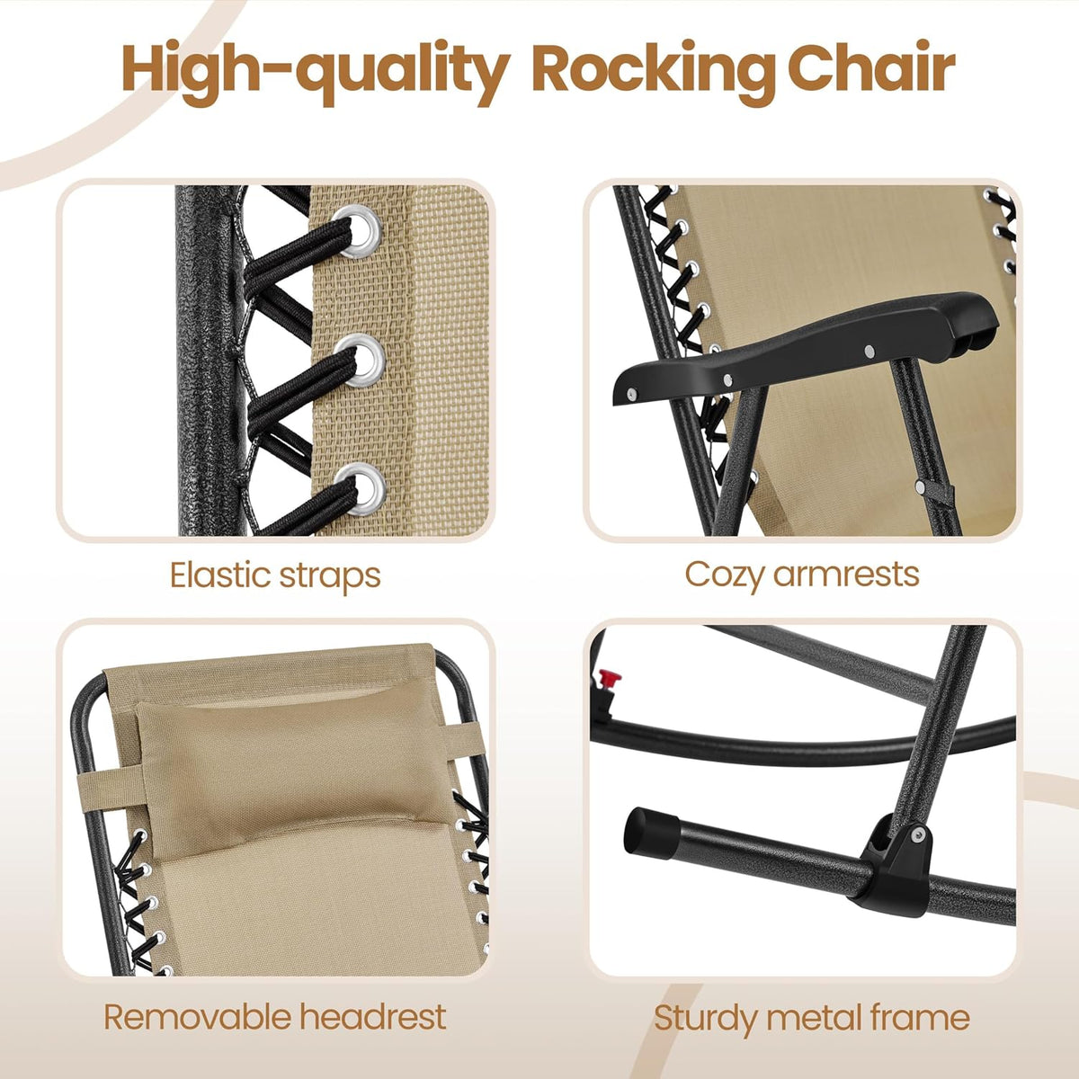 Yaheetech Patio Rocking Chair Folding Camping Chair with Pocket, Beige