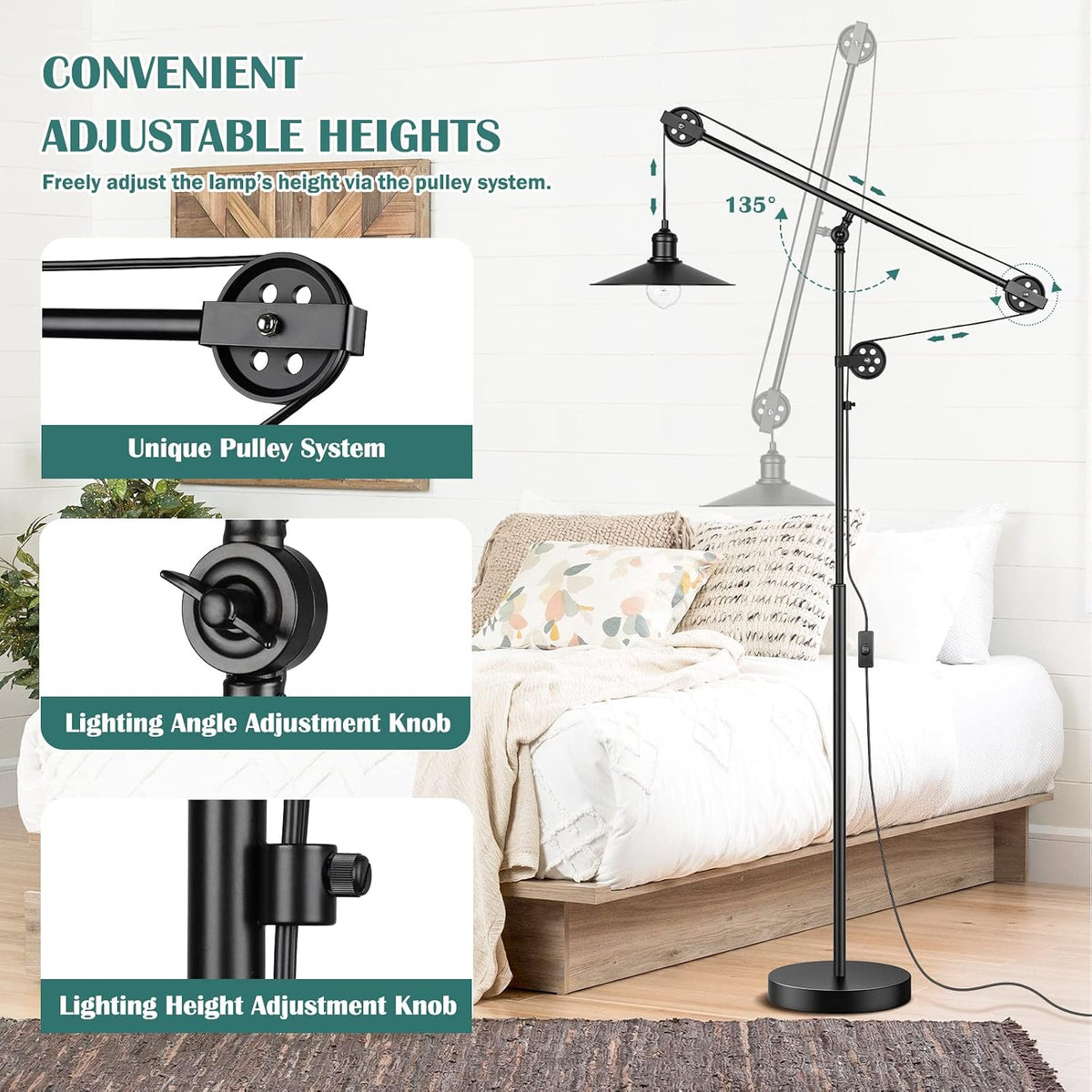 Adjustable Industrial Floor Lamps for Living Room, Rustic Reading Lamp