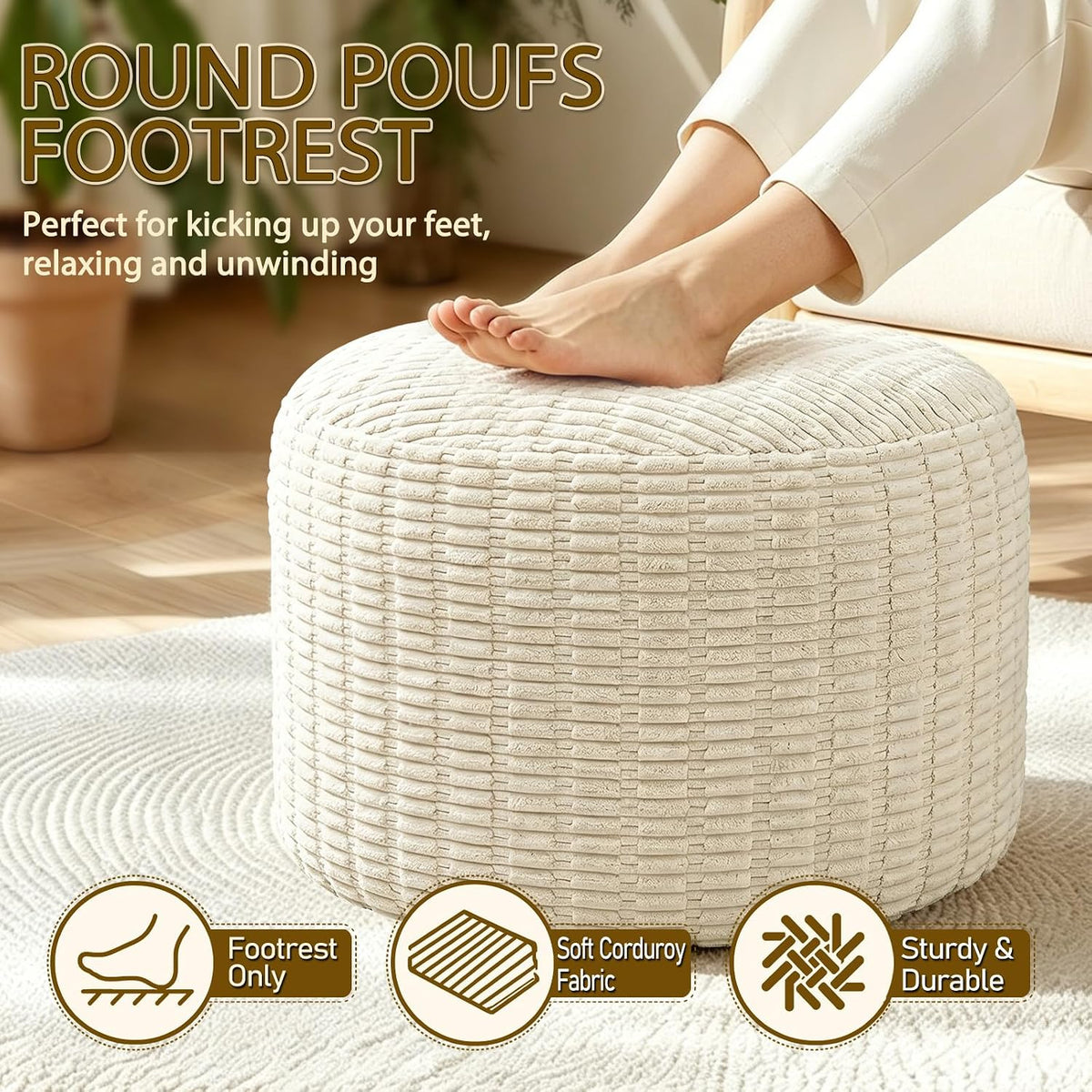 Round Corduroy Footstool Pouf for Couch