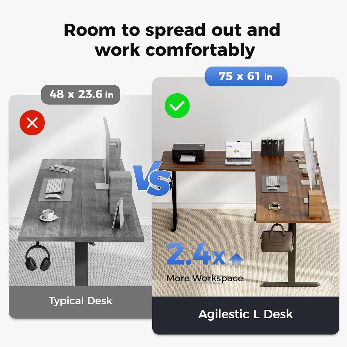Agilestic 75 x 61 Inch L Shaped Standing Desk with Powerstrip, Dark Walnut